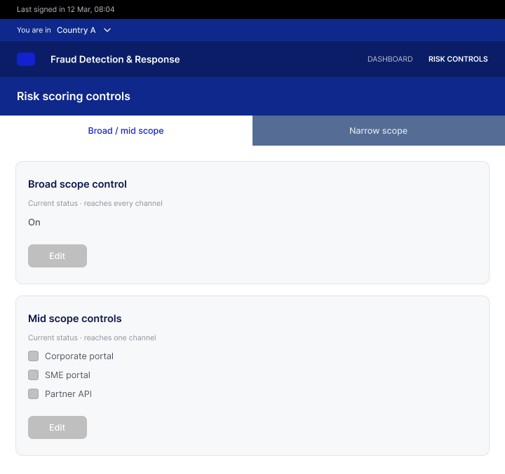 The broad and mid scope tab. A broad scope control that reaches every channel sits above mid scope controls for the corporate portal, SME portal and partner API.