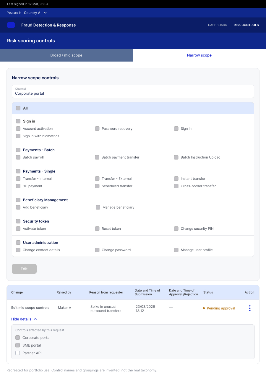 The narrow scope tab. Individual customer actions grouped under sign in, payments, beneficiary management, security token and user administration, with a pending approval request listed underneath.