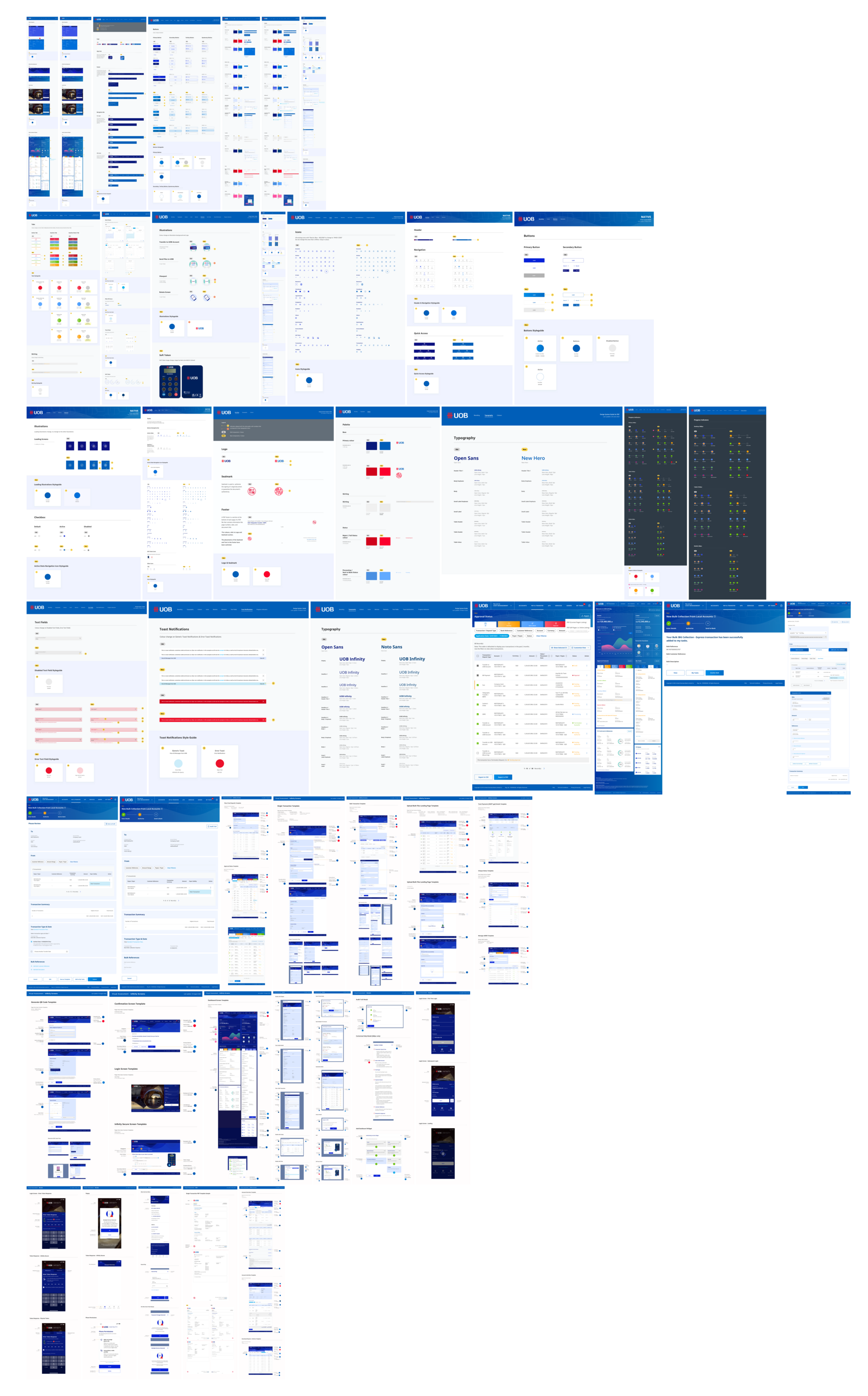 The full implementation specification seen at a glance: dozens of frames mapping old and new components, then annotated Infinity screens, modals and PDF templates, each pinned with the details engineering needed to build them.